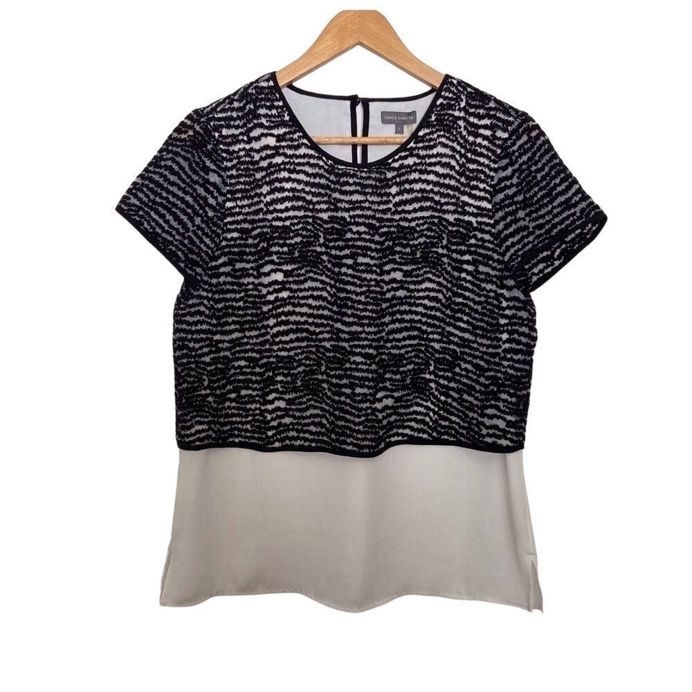 Vince Camuto Mixed Media Blouse Small Black White Crepe Chiffon Office Chic Top
